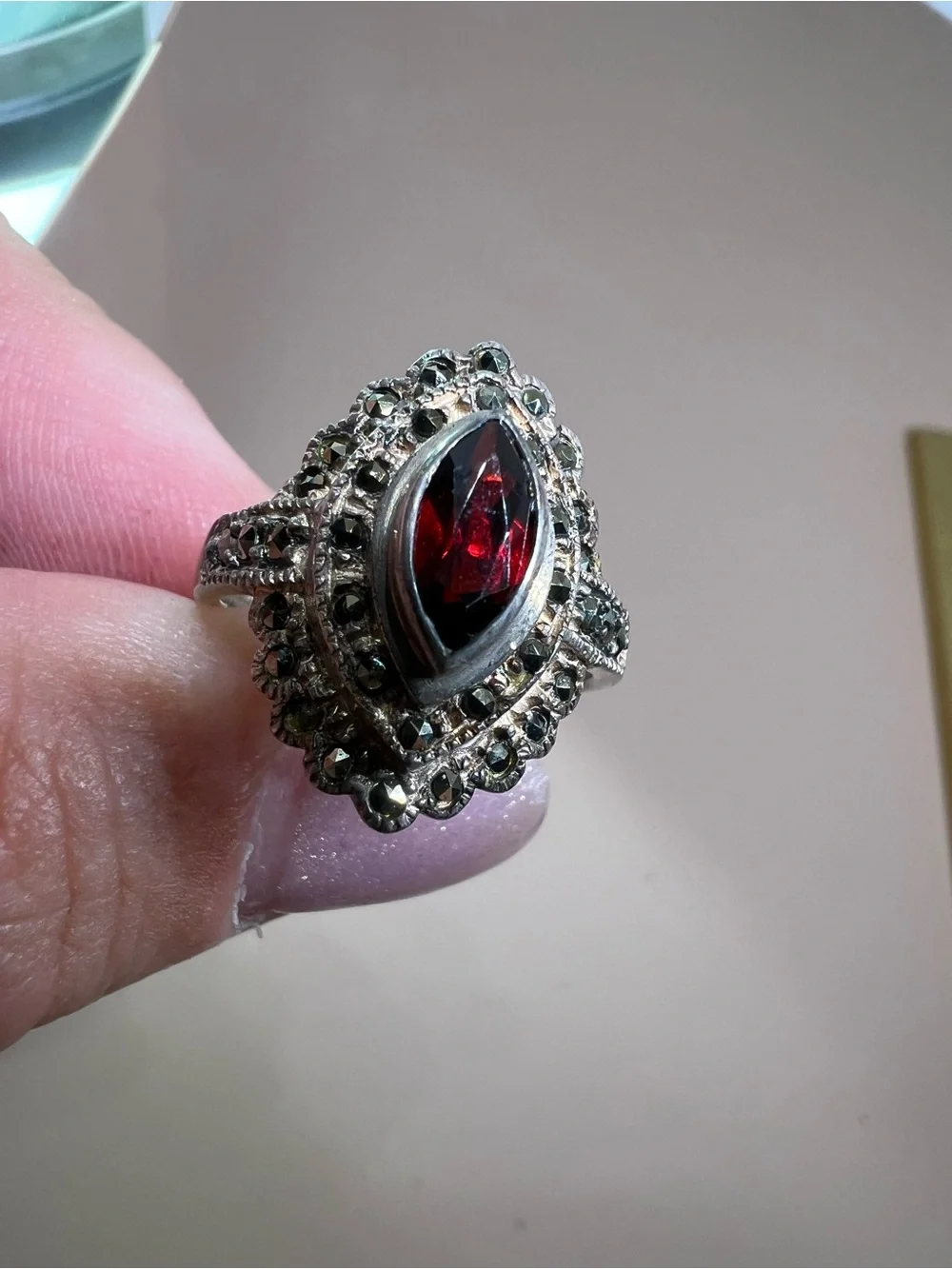 Vintage-Style Women's Marquise Garnet Red Ring in Sterling Silver
